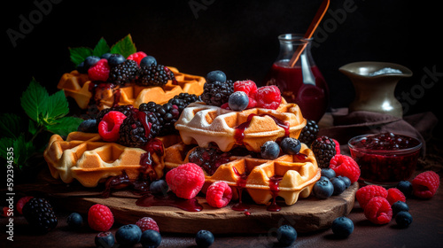 Belgian waffles with different sauces  berries  chocolate  ice cream. Generative AI 