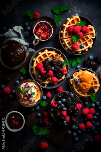 Belgian waffles with different sauces, berries, chocolate, ice cream. Generative AI,
