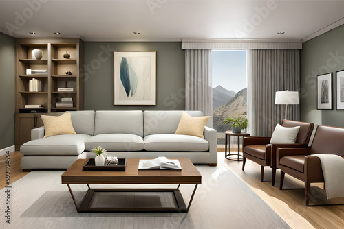 Interior design of a serene and calming living room that incorporates soft lighting, muted colors, and minimalist decor   Generative AI © DesignDynasty