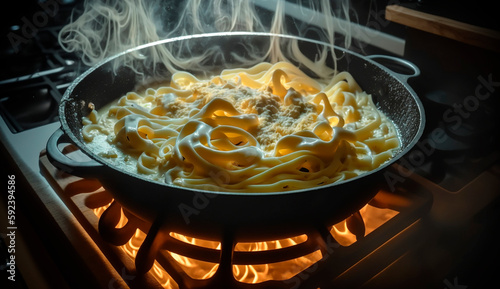boiling pan of linguine pasta, in cream cheese sauce, in a home kitchen on the stove. Generative Ai,