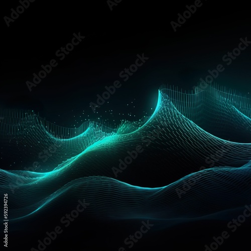 Abstract blue colors gradient wave on black background, blurry lights on dark noise texture
