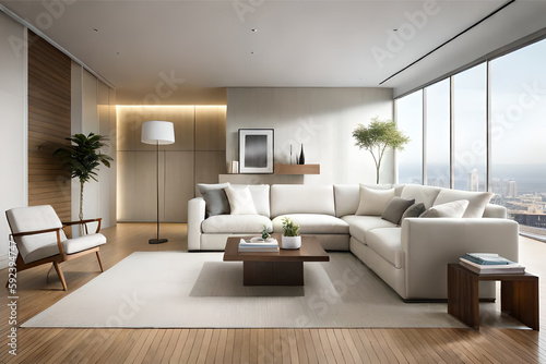 Interior design of a serene and calming living room that incorporates soft lighting  muted colors  and minimalist decor   Generative AI