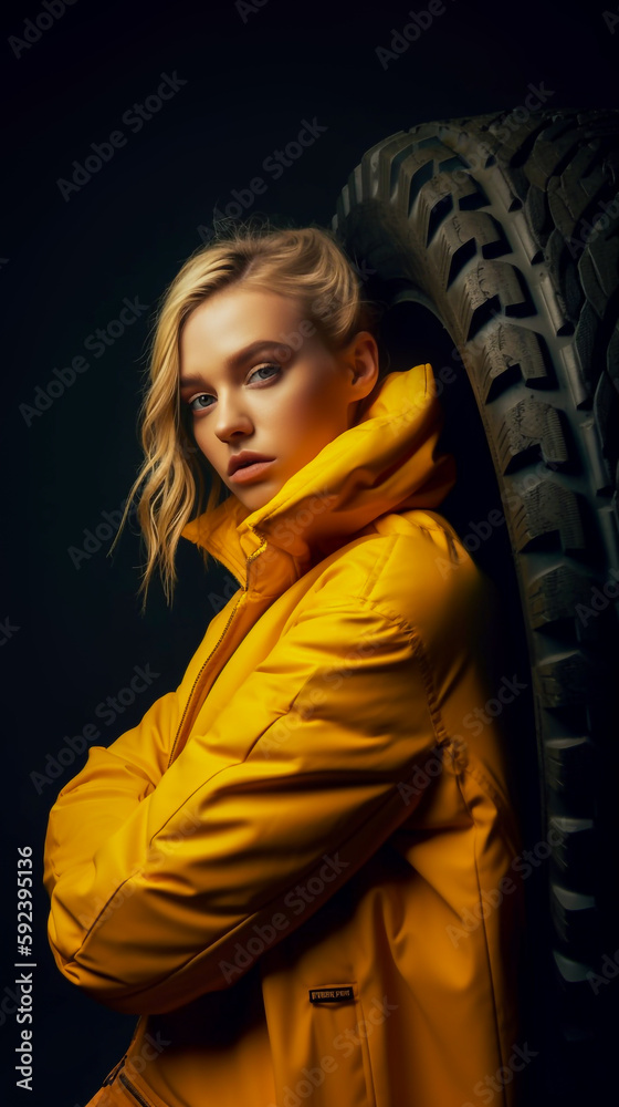Fototapeta premium Pretty blonde girl in a warm yellow winter jacket leaning on a big truck tire - ai generative