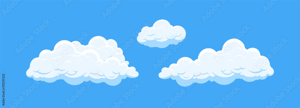 Cartoon clouds isolated on blue background. Cumulus and fluffy eddy in blue sky. Hand drawn sketch. Cloudscape 2d vector illustrations.	