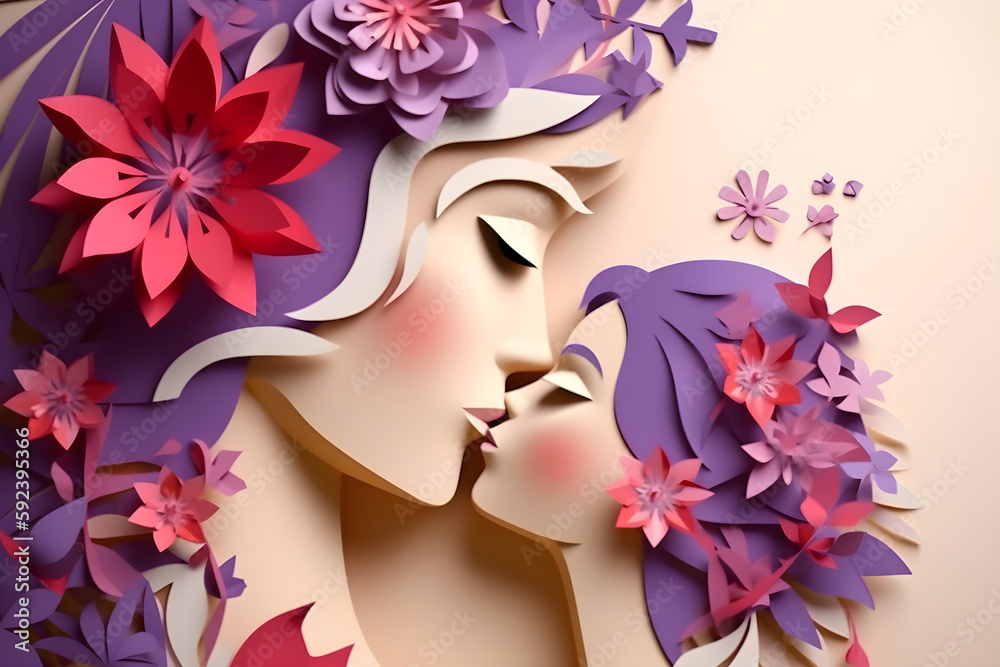 Happy mothers day greeting card of papercut mom and daughter with flowers in red and lilac colors. Holiday family background concept. Generated ai.