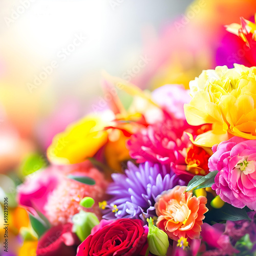 colorful vibrant bouquet of various flowers with blurred background and copy space, bright lighting, mother's day