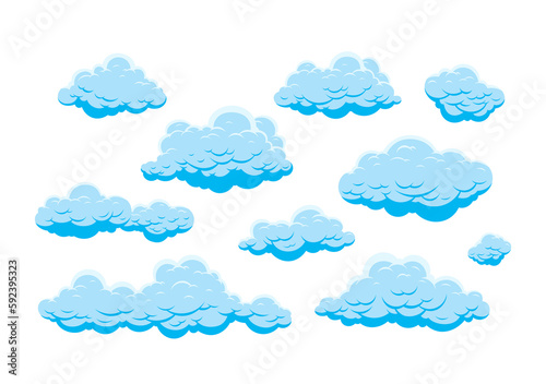 Cartoon clouds isolated on blue background. Cumulus and fluffy eddy in blue sky. Hand drawn sketch. Cloudscape 2d vector illustrations.	