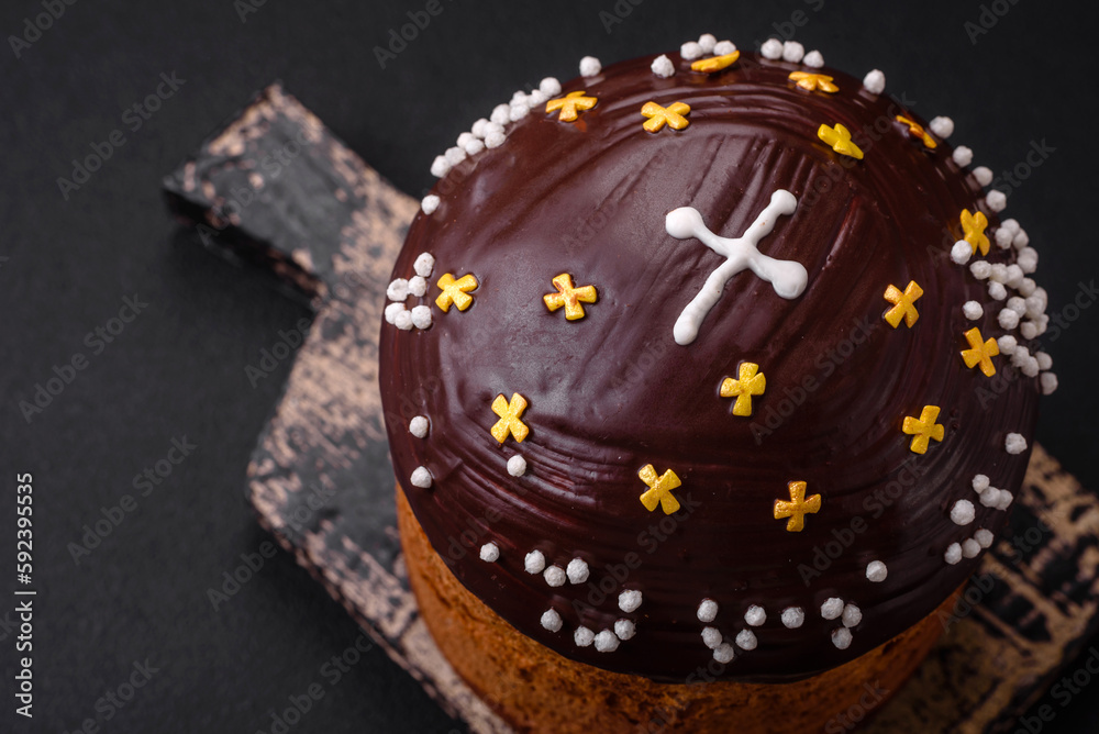 Freshly baked Easter cake or panettone with chocolate coating Freshly baked Easter cake or panettone with chocolate coating