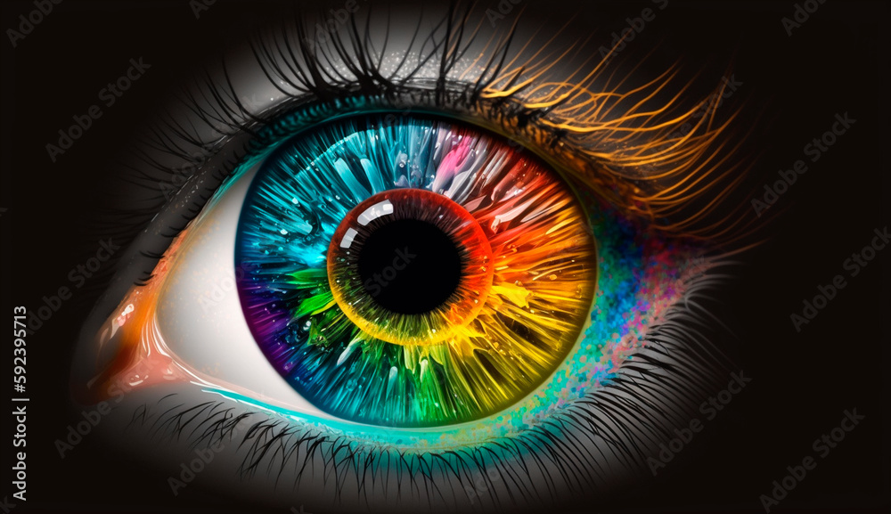 Human multicolored iris animation eye concept. Generative AI,