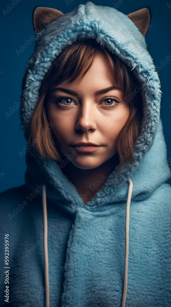 Beautiful young brunette woman with blue eyes, dressed in turquoise hoodie with cat ears - generative ai Beautiful young brunette woman with blue eyes, dressed in turquoise hoodie with cat ears - generative ai