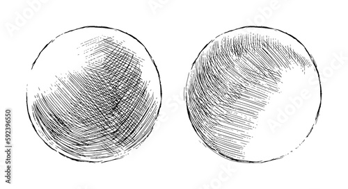 Hand drawn shaded spheres. Simple black and white pen and ink doodle sketches of circles with different types of shading texture. Shading tutorial, organic hand drawn design elements.