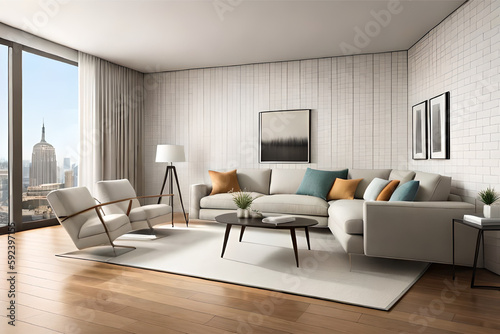 Interior design of a serene and calming living room that incorporates soft lighting, muted colors, and minimalist decor | Generative AI