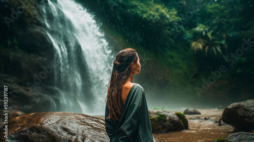 Fototapeta Naklejka Na Ścianę i Meble -  A young woman enjoys a jungle waterfall. Generative AI,