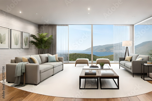 Interior design of a serene and calming living room that incorporates soft lighting, muted colors, and minimalist decor   Generative AI © DesignDynasty
