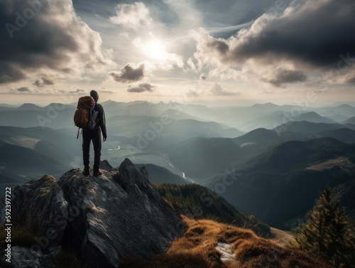 A lone hiker or backpacker standing on a mountain peak, taking in the stunning view