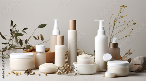 Isolated white skincare product set  no label or logo  surrounded by natural items  marketing mockup  marketing concept. Generative AI