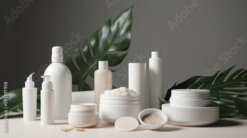 Isolated white skincare product set, no label or logo, surrounded by natural items, marketing mockup, marketing concept. Generative AI