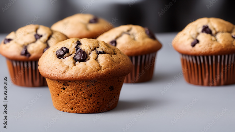 Delicious brown muffins with chocolate on table