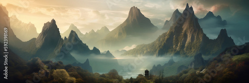 Fantasy landscape with surreal mountains, generative AI