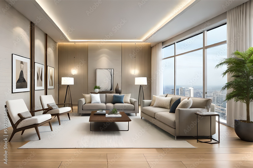 Interior design of a serene and calming living room that incorporates soft lighting, muted colors, and minimalist decor | Generative AI Interior design of a serene and calming living room that incorporates soft lighting, muted colors, and minimalist decor | Generative AI