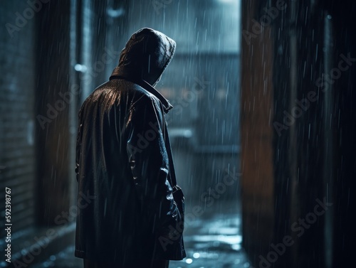 A person standing in the rain, looking sad and contemplative