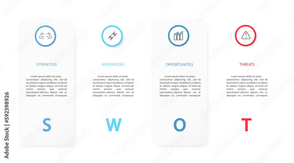Swot infographic analysis template. strength,weakness,opportunities,threats.Background with icon and Four colorful elements. Vector illustration Swot infographic analysis template. strength,weakness,opportunities,threats.Background with icon and Four colorful elements. Vector illustration