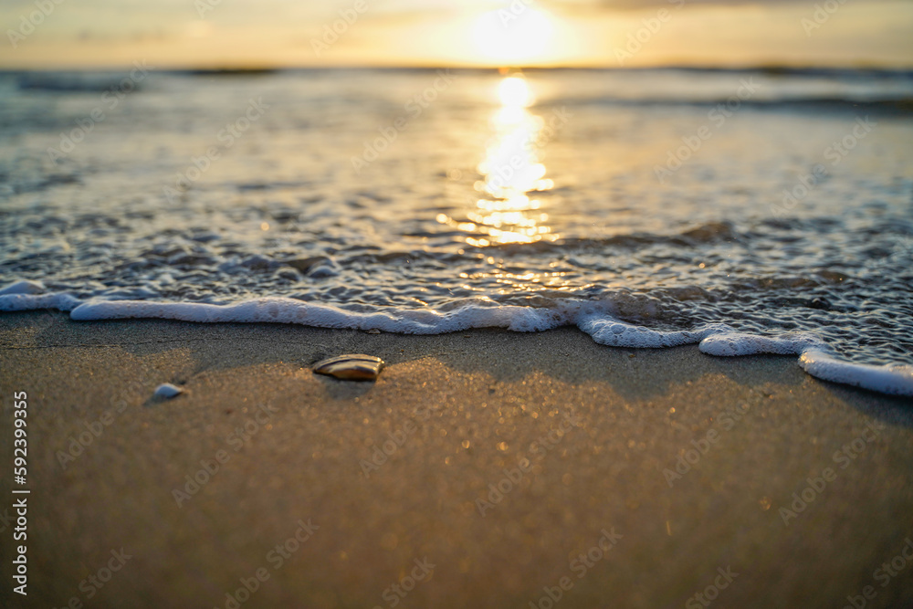 Beach with water and sun reflecting and rock Beach with water and sun reflecting and rock