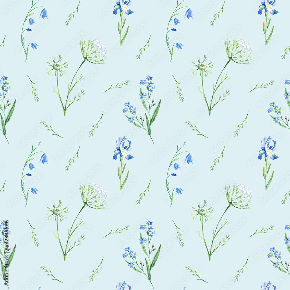 Seamless watercolor pattern with bluebell, forget-me-not, iris, Queen Annes lace on blue background. Can be used for fabric prints, gift wrapping paper, kitchen textile.