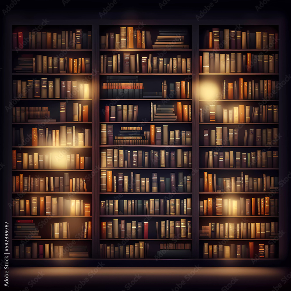 books are on the bookshelf. A big library. Home library. Bookshelf. Generative AI books are on the bookshelf. A big library. Home library. Bookshelf. Generative AI