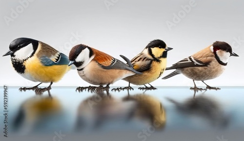  a group of three birds standing on top of a table next to each other on top of a glass surface with a reflection on the floor.  generative ai © Oleg