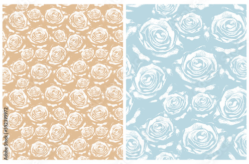 Abstract Hand Drawn Floral Seamless Vector Pattern. Sketched Roses Isolated on a Gold and Pastel Blue Background. Abstract Blossom Garden Design. Floral Repeatable Print ideal for Fabric, Textile.