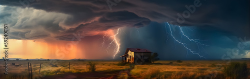 house in the middle of the field, thunderstorm, lightning, fantastic realism, amazing color photo, prairie, generative ai