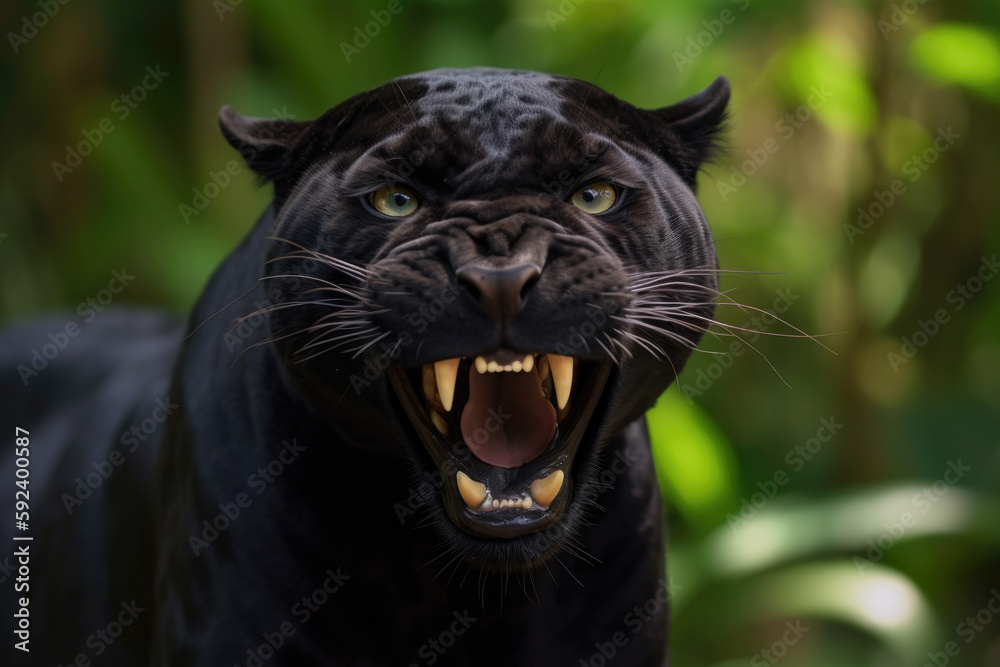 angry black panther with ears back and showing teeth looking at camera.