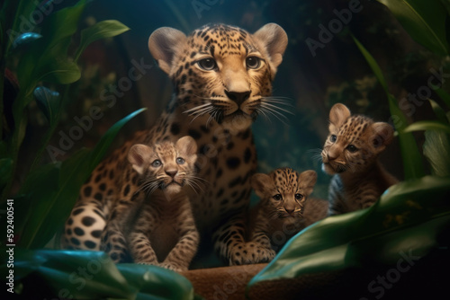 leopard with cubs looking at camera. photo