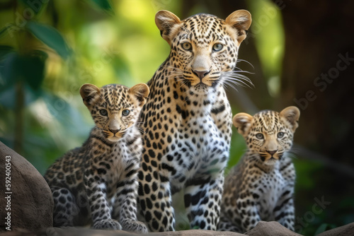 leopard with cubs looking at camera.