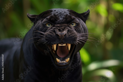 angry black panther with ears back and showing teeth looking at camera.