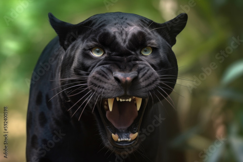 angry black panther with ears back and showing teeth looking at camera.