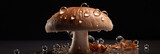 Mushroom with water drops on a black background, close-up