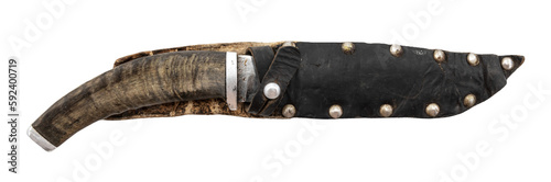 Sharp hunting knife in a leather sheath on a white background. Knife