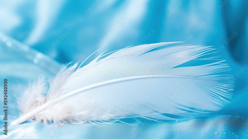 Fototapeta premium A bright blue background with one white feather. Generative AI.