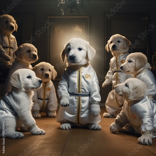 A golden retriever puppies is wearing a taekwondo uniform. Generative AI. © Bargais