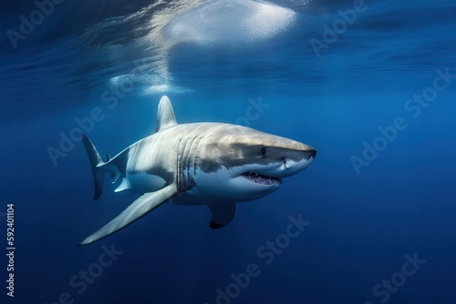 A white shark in a blue ocean. Generative AI. © Bargais