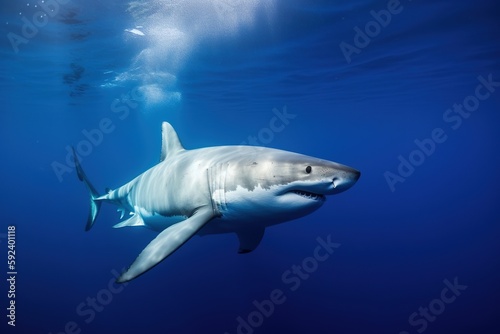 A white shark in a blue ocean. Generative AI. © Bargais