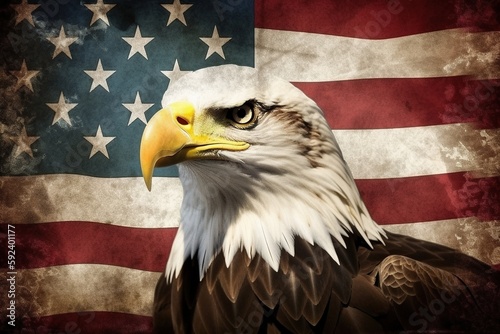 American Bald Eagle on Grunge Flag. Generative AI.
