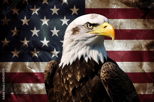 American Bald Eagle on Grunge Flag. Generative AI.