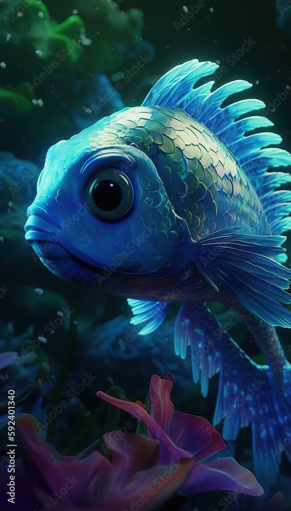 Blue animated fish. Generative AI. Blue animated fish. Generative AI.