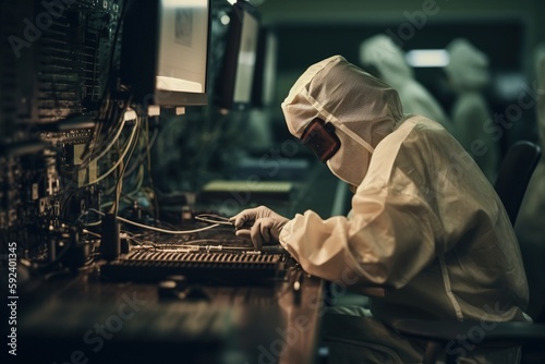 Engineers workings in a microchip or semiconductor factory. Generative AI. photo