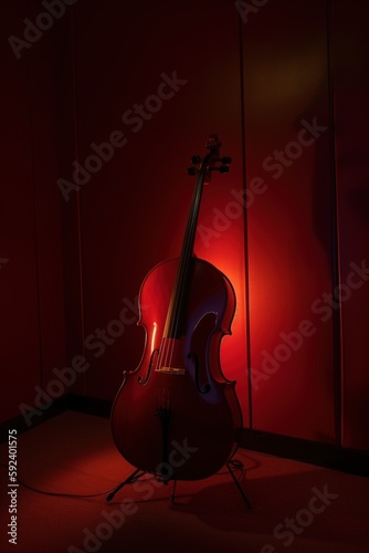 Cello, side view, against the wall. Generative AI.