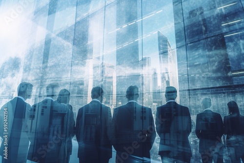 Double exposure image of many business people s conference group meeting on city office building. Concept of teamwork. Generative AI.