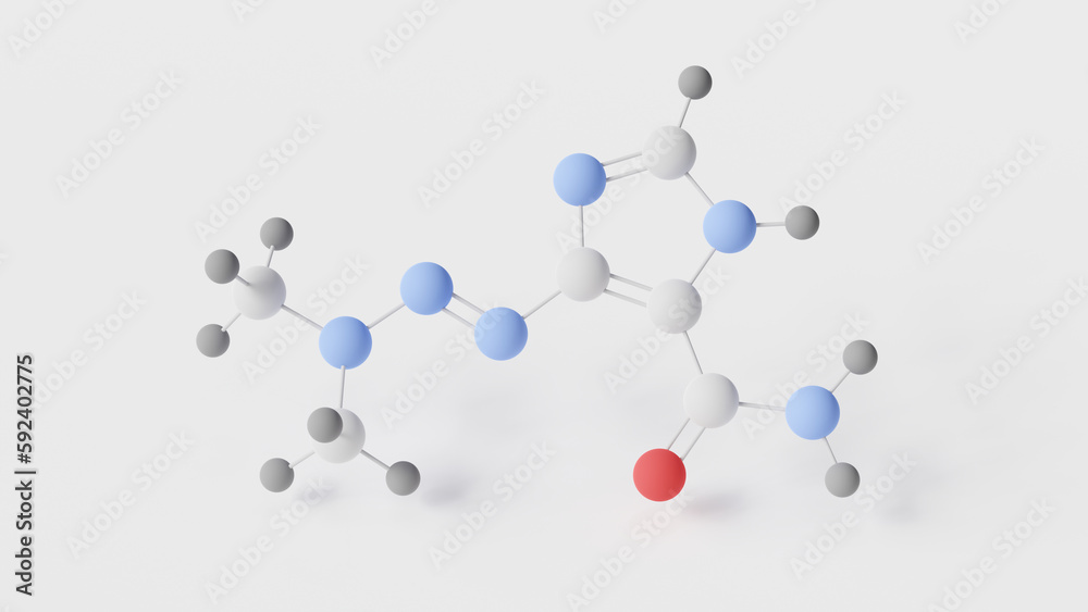 dacarbazine molecule 3d, molecular structure, ball and stick model, structural chemical formula imidazole carboxamide dacarbazine molecule 3d, molecular structure, ball and stick model, structural chemical formula imidazole carboxamide